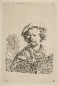 Självporträtt i platt mössa och broderad klänning, ca. 1642. av Rembrandt van Rijn