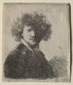 Självporträtt med lockigt hår och vit krage: Byst av Rembrandt van Rijn