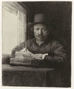 Självporträtt, Etsning vid ett fönster Självporträtt etsning vid ett fönster av Rembrandt van Rijn