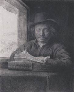 Självporträtt, Etsning vid ett fönster, 1648 (etsning och gravering på lagt papper) av Rembrandt van Rijn