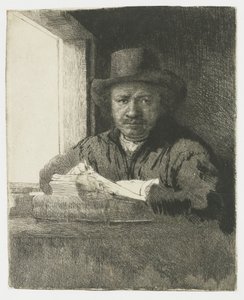 Självporträtt i etsning vid ett fönster av Rembrandt van Rijn