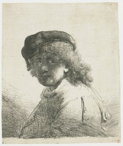 Självporträtt i keps och halsduk med ansiktet mörkt: byst av Rembrandt van Rijn