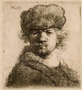 Självporträtt i tung pälsmössa: byst, 1631. av Rembrandt van Rijn