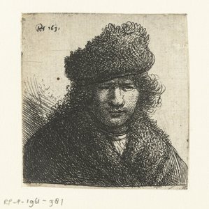 Självporträtt i sned pälsmössa: byst av Rembrandt van Rijn