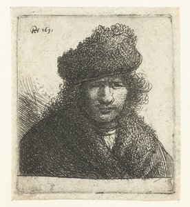 Självporträtt i sned pälsmössa: byst av Rembrandt van Rijn