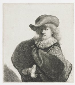 Självporträtt i mjuk hatt och mönstrad kappa av Rembrandt van Rijn