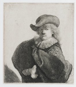 Självporträtt med en mjuk hatt och en mönstrad mantel av Rembrandt van Rijn