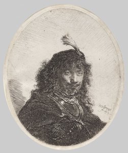 Självporträtt med fjäderprydd mössa och nedsänkt sabel av Rembrandt van Rijn