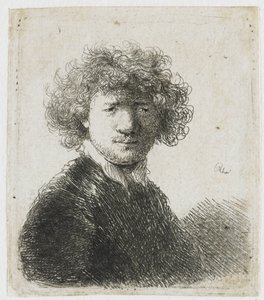 Självporträtt med lockigt hår och vit krage: byst av Rembrandt van Rijn