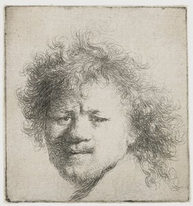 Självporträtt med långt buskigt hår: endast huvud av Rembrandt van Rijn