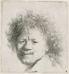 Självporträtt med långt, fylligt hår: endast huvudet av Rembrandt van Rijn