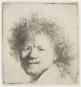Självporträtt med långt, fylligt hår: endast huvudet av Rembrandt van Rijn