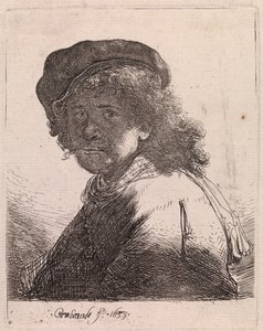 Självporträtt i mössa och halsduk med mörkt ansikte av Rembrandt van Rijn