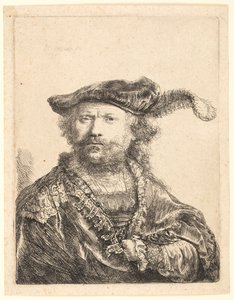 Självporträtt i sammetsmössa med plym av Rembrandt van Rijn