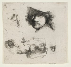 Studieteckningar: Konstnärens huvud, ett tiggerpar, huvuden av en gammal man och en gammal kvinna m.m. av Rembrandt van Rijn
