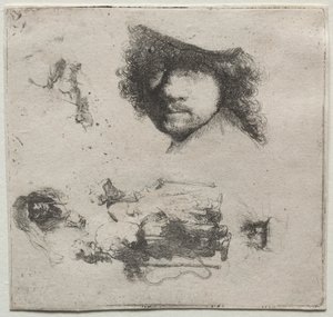 Studieark: Självporträtt, ett tiggarpar, etc. av Rembrandt van Rijn
