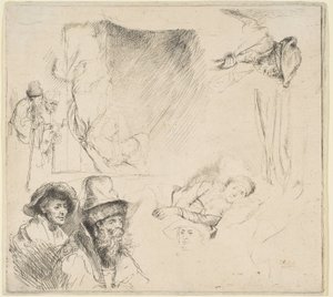 Studieark med en kvinna som ligger sjuk i sängen, etc., ca. 164142. av Rembrandt van Rijn