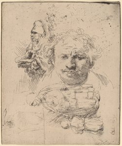 Studieark med chefen för konstnären, en tiggarman och kvinna och barn av Rembrandt van Rijn
