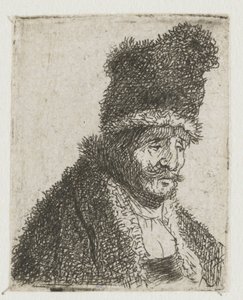 Samling av studier av mäns huvuden: en äldre man i pälsrock och hög mössa av Rembrandt van Rijn