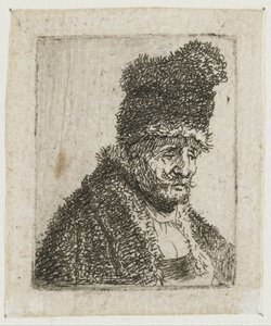 Samling av studier av mäns huvuden: en äldre man i pälsrock och hög mössa av Rembrandt van Rijn