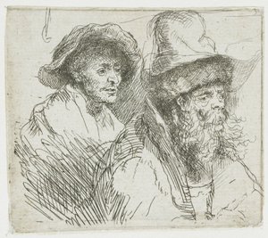 En serie studier, där en kvinna ligger sjuk i sängen: byster av två manliga figurer av Rembrandt van Rijn