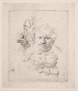 Teckningsark med Rembrandts huvud, en tiggare, en kvinna och ett barn av Rembrandt van Rijn