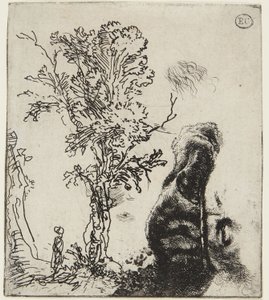 Ark med två studier: Ett träd och den övre delen av ett självporträtt med en sammetsmössa av Rembrandt van Rijn
