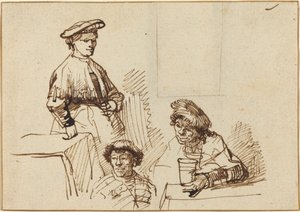 Skisser från en krog: kvinna stående och två män sittande av Rembrandt van Rijn