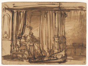 Sovrum där Saskia sitter i en himmelssäng av Rembrandt van Rijn