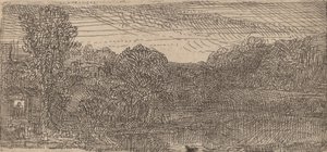Litet grått landskap: ett hus och träd bredvid en pool, ca. 1640. av Rembrandt van Rijn