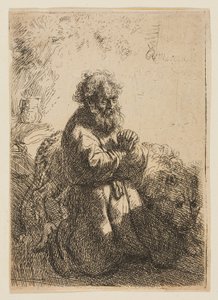 St. Jerome knäböjer i bön och tittar ner av Rembrandt van Rijn