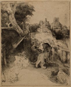 St. Jerome läser i ett italienskt landskap av Rembrandt van Rijn