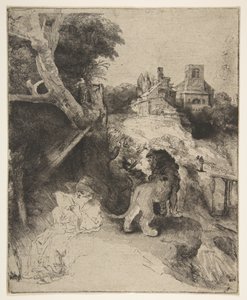 St. Jerome läser i ett italienskt landskap, ca. 1653. av Rembrandt van Rijn