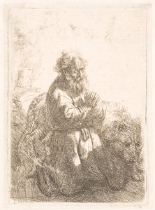St. Hieronymus knäböjer i bön och tittar ner av Rembrandt van Rijn