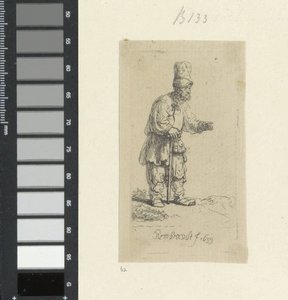Stående bonde med hög huvudbonad, lutad på en pinne Recueil de quatre-vingt-cinq estampes originales (serietitel) av Rembrandt van Rijn
