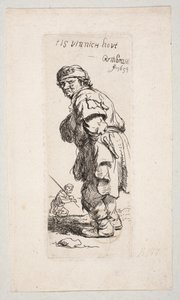 En stående bybo som vänder sig åt vänster och en figur med en käpp i bakgrunden – ”Tis vinnich Kout” av Rembrandt van Rijn