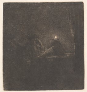 En student vid ett bord i stearinljusets sken av Rembrandt van Rijn