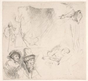 Studieblad, inklusive en sängliggande kvinna av Rembrandt van Rijn