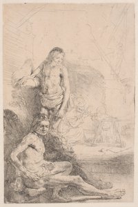 Nakenstudier: en sittande man och en stående man; med en kvinna och ett spädbarn svagt skissade i bakgrunden av Rembrandt van Rijn