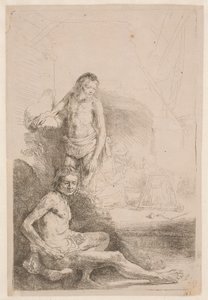 Nakenstudier: en sittande man och en stående man; med en kvinna och ett spädbarn svagt skissade i bakgrunden av Rembrandt van Rijn