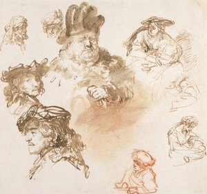 Studier av gamla mäns huvuden och tre kvinnor med barn, ca 1635-36 (bläck och tvätt på papper) av Rembrandt van Rijn