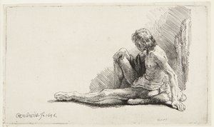 Studie efter nakenmodell (Man sittande på marken) (Bartsch 196, den andra av två versioner; H. 221; Muntz 137 II) av Rembrandt van Rijn
