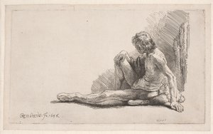 Nakenstudie: man sittande på marken med ett ben utsträckt av Rembrandt van Rijn
