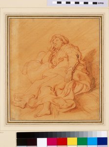 Studie av Rachels figur, ca 1621 (röd krita med svartvit krita på orange förberett papper) av Rembrandt van Rijn