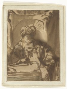 Skådespelaren Willem Bartholsz Ruyter som kung Ahasveros på sin tron av Rembrandt van Rijn