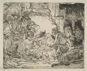 Herdarnas tillbedjan, med lampan, ca. 1654. av Rembrandt van Rijn