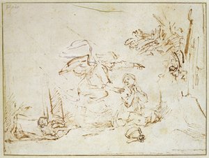 Ängeln visar sig för Hagar och Ismael i vildmarken (penna och brunt bläck med kroppsfärg på papper) av Rembrandt van Rijn