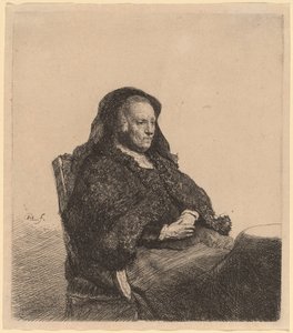 Konstnärens mamma sitter vid ett bord och tittar rätt av Rembrandt van Rijn