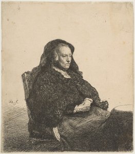 Konstnärens mamma sitter vid ett bord och ser rätt: Tre fjärdedels längd, ca. 1631. av Rembrandt van Rijn