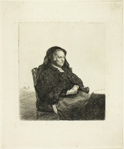 Konstnärens mor sitter vid ett bord och tittar åt höger: Tre fjärdedels längd av Rembrandt van Rijn